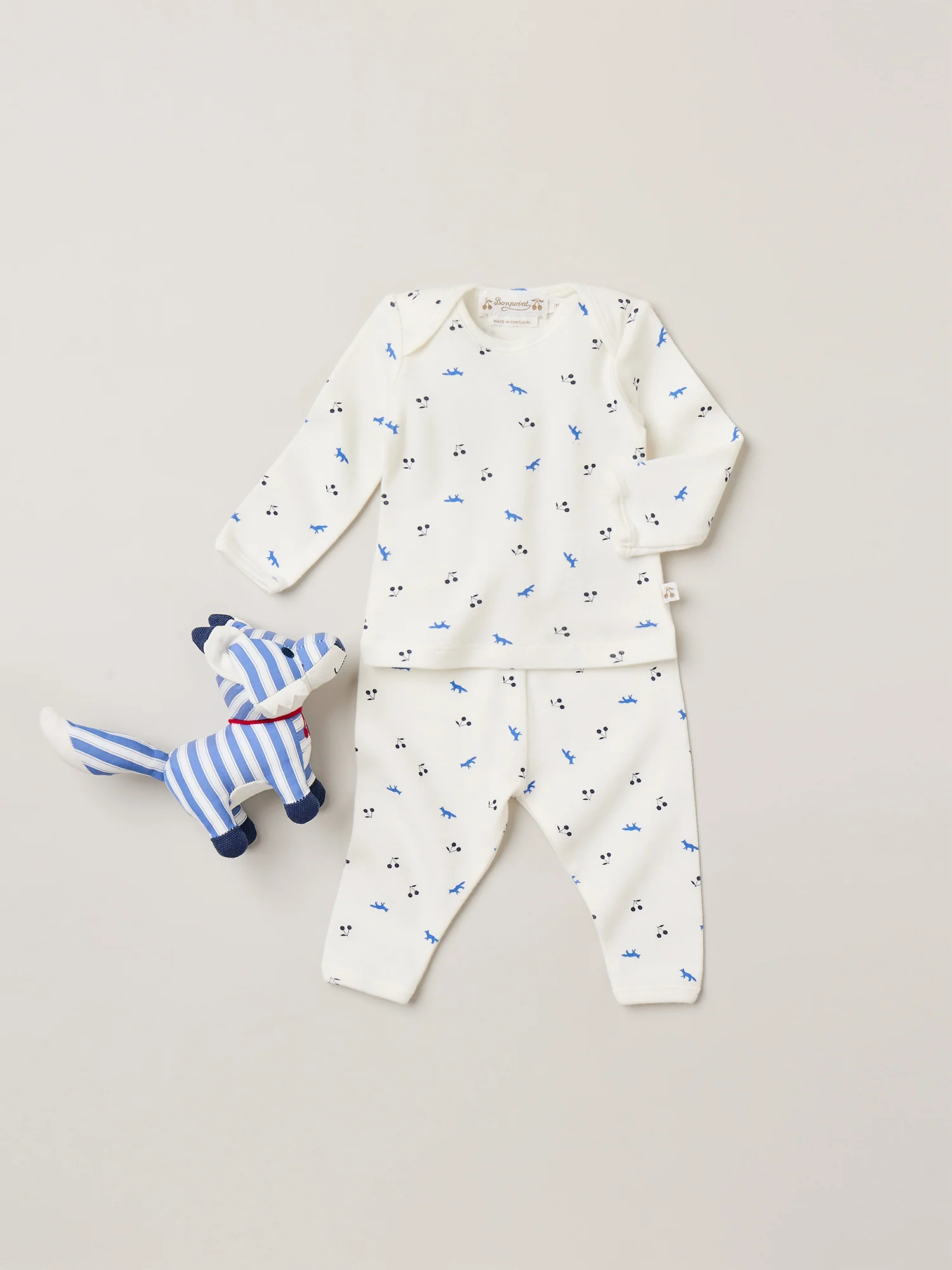 Bonpoint x Maison Kitsuné Timi set with fox and cherry print in organic cotton