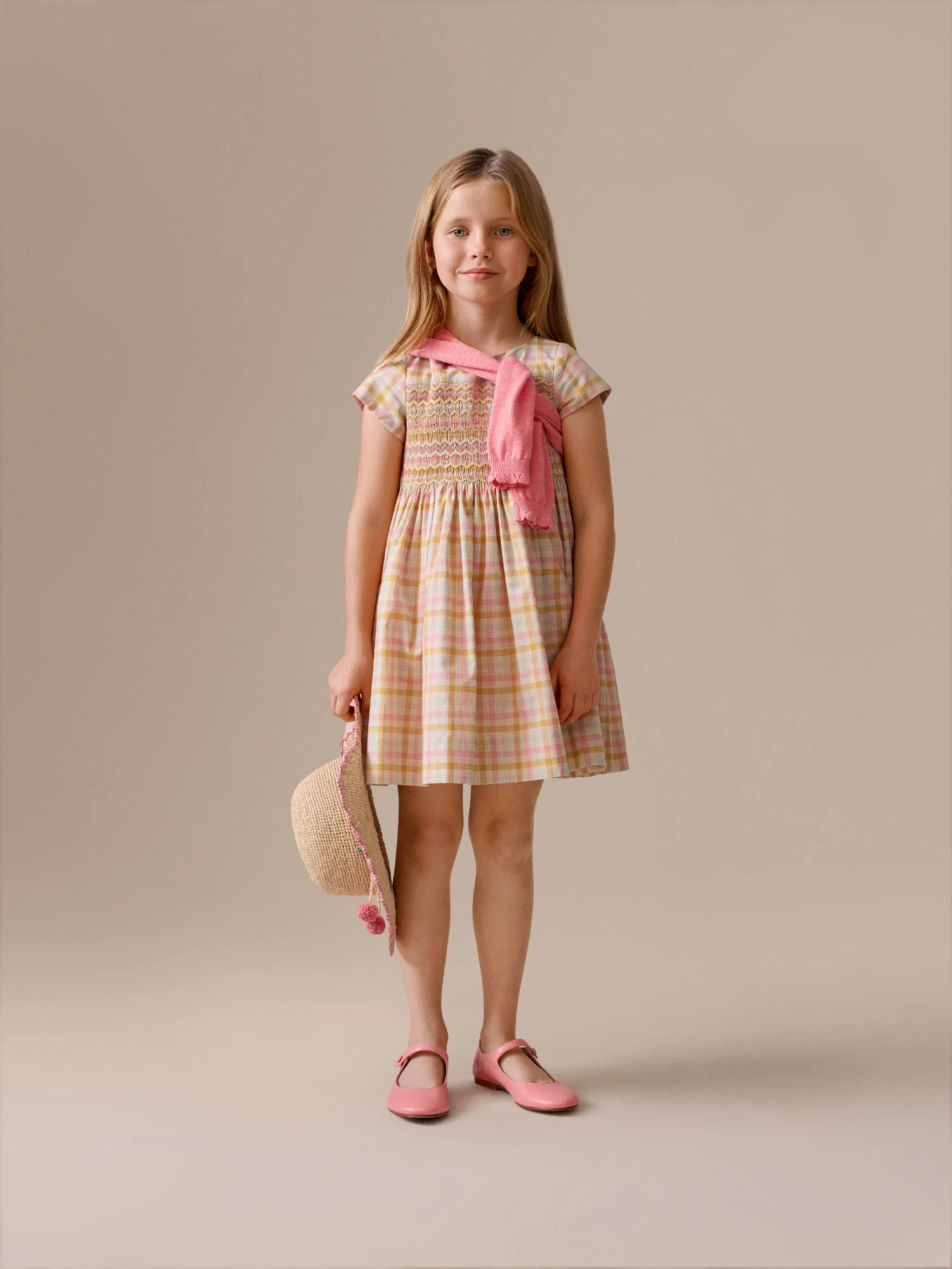 Duchesse dress in a smocked hand-embroidered check pattern in organic cotton - Image 5