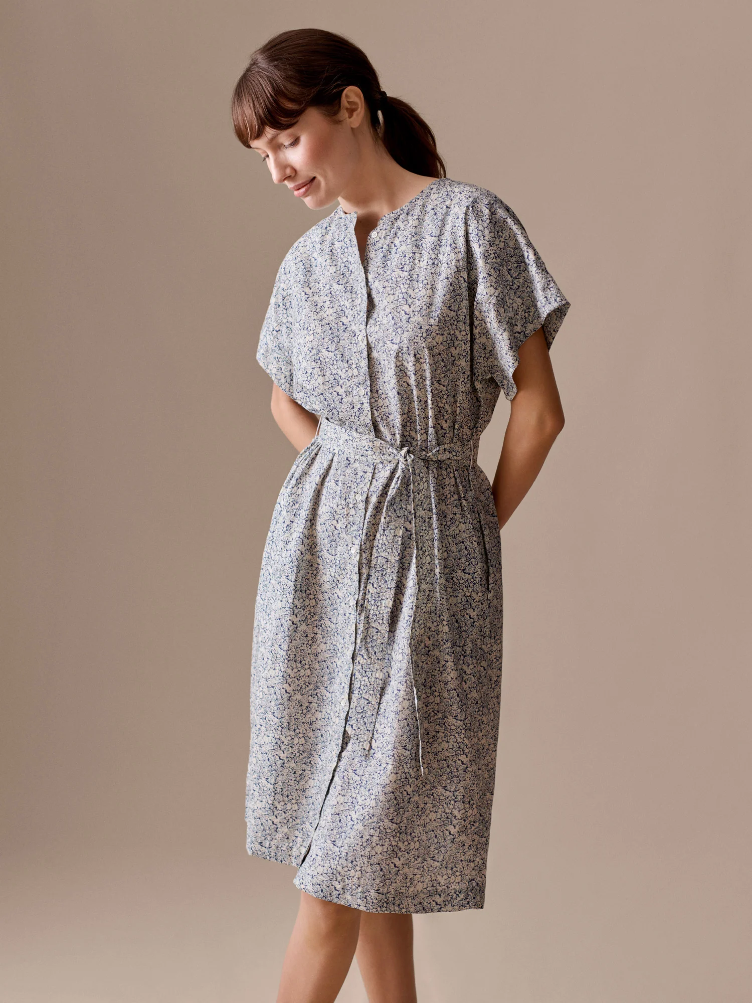Leira dress with blue flowers in Liberty organic cotton fabric