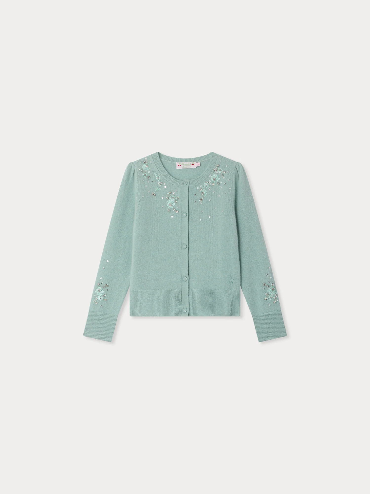 Louella cardigan with round neck and hand-embroidered beaded flowers in cashmere