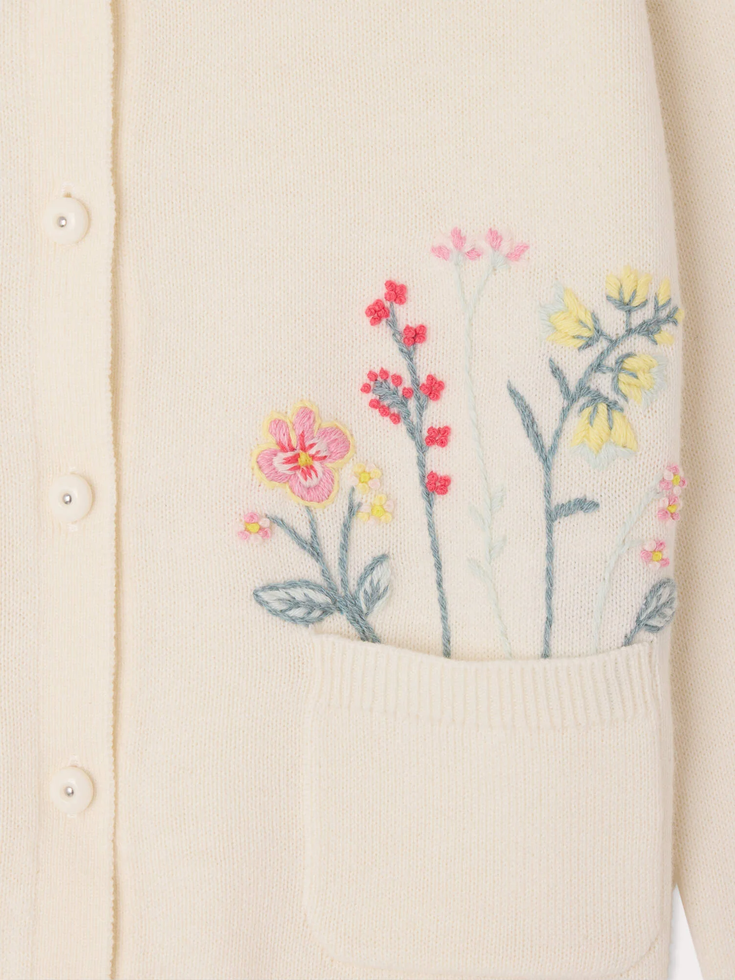 Lucila cardigan with round neck and hand-embroidered flowers in organic cotton and cashmere - Image 3