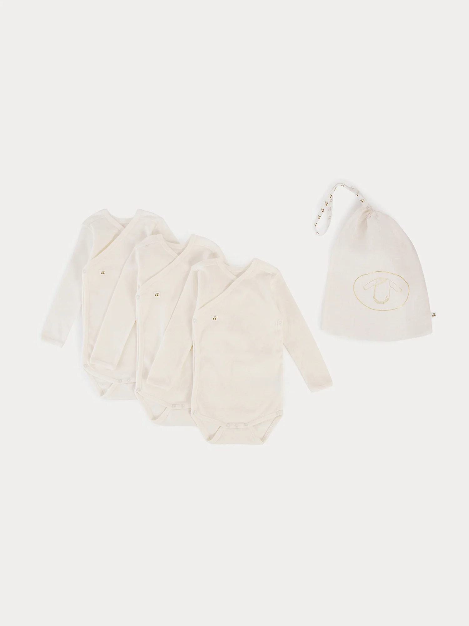 Set of 3 organic cotton wrapover bodysuits in milk-white